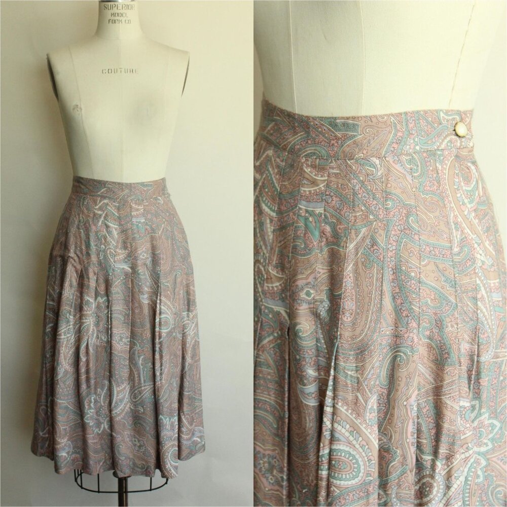 Vintage 1990s Skirt, SK & Company Pleated Rayon Pink, and Teal Paisley Print
